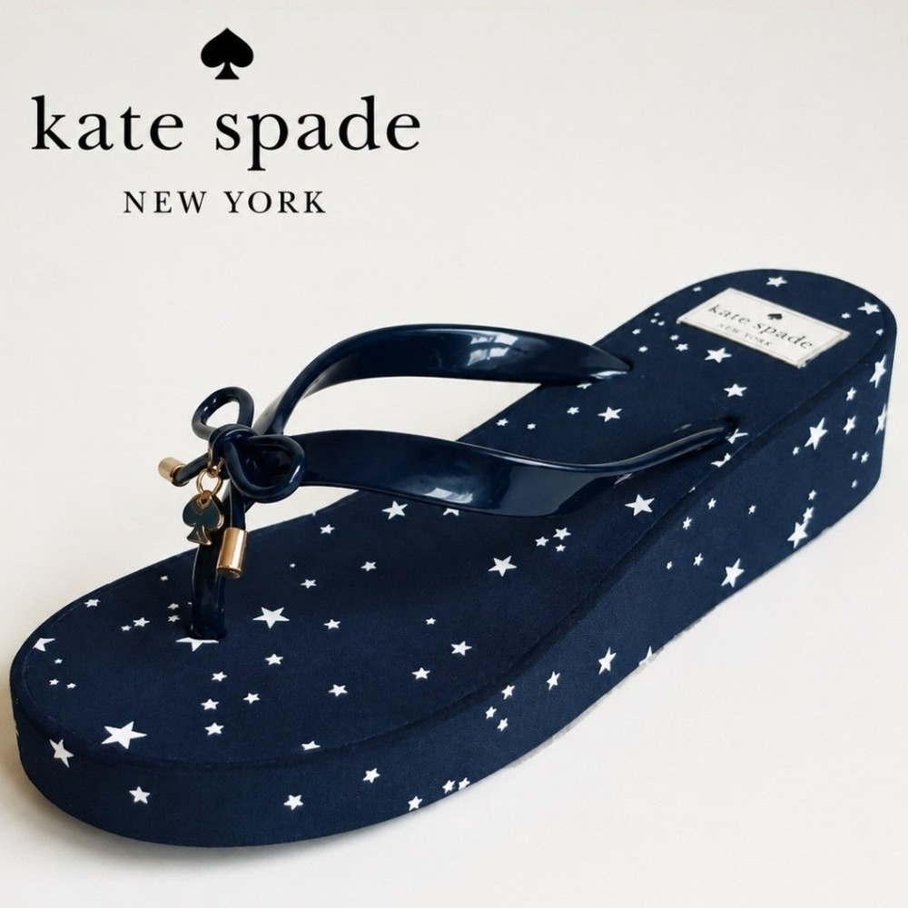 Kate Spade Platform Flip Flops 7 Navy Blue Stars Wedge Sandal Celestial Nautical